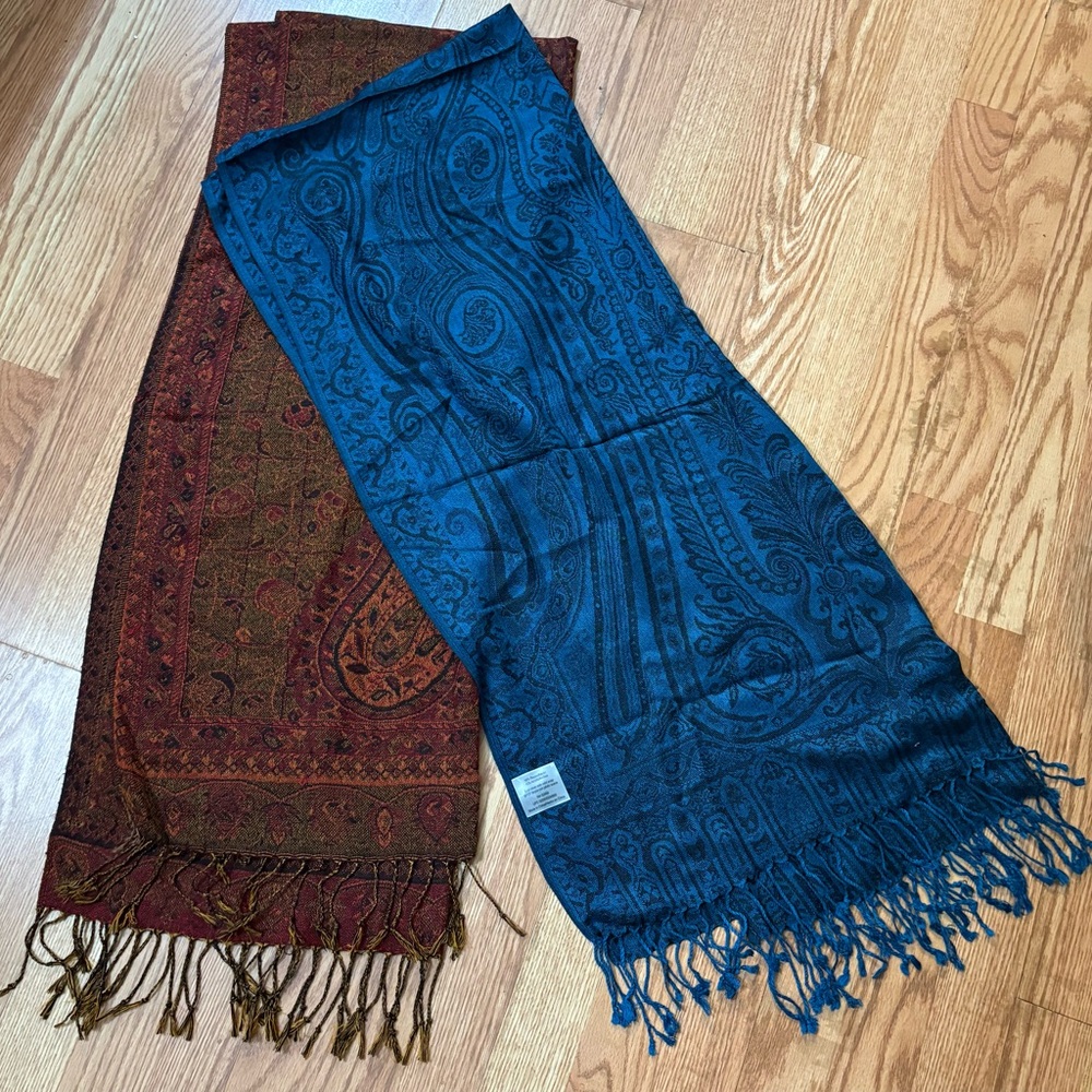 2 Large Paisley Patterned Scarves in Blue and Brown With Fringe